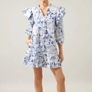 SugarLips Francine Toile Sky Sammy Ruffle Drop Waist Dress Medium